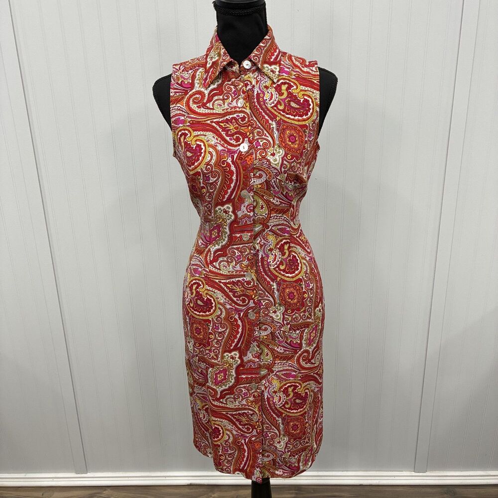 Moda Seta Women's Size 4 Orange Paisley Silk Button Front Sleeveless Shift Dress